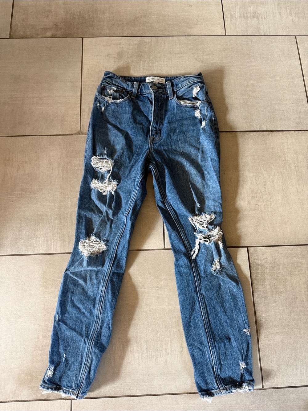 Abercrombie & Fitch Women's Distressed High Rise Mom Jean - Blue